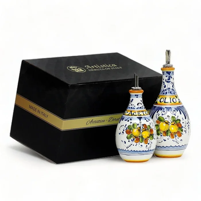 GIFT BOX: With authentic Deruta hand painted ceramic – LIMONCINI: Olive Oil and Vinegar (Aceto) Bottles/Dispenser Set