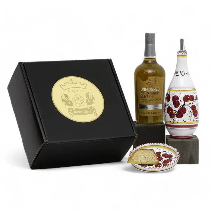 GIFT BOX: With Deruta Olive Oil Dispenser + Saucer/Dipping Bowl + EVOO bottle – ORVIETO RED design