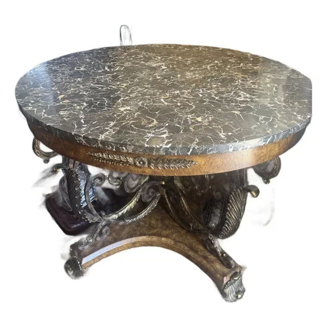 Gilded Empire Revival Marble-Top Center Table With Bronze & Burl Wood Base by Maitland Smith