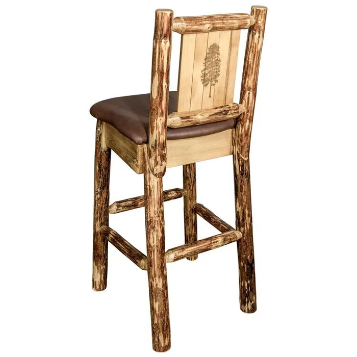 Glacier Country Collection Barstool w/ Back – Saddle Upholstery, w/ Laser Engraved Pine Tree Design