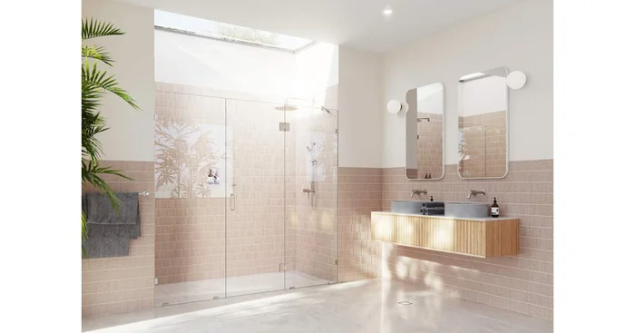 Glass Warehouse Stellar 78″ High x 81-1/4″ Wide Hinged Frameless Shower Door with Clear Glass
