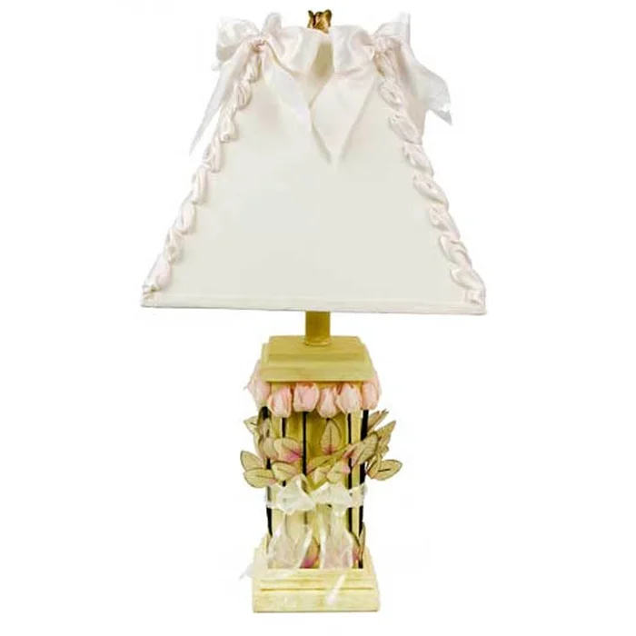 Glenna Jean Isabella Yellow Base Lamp with Roses and Ribbon Shade