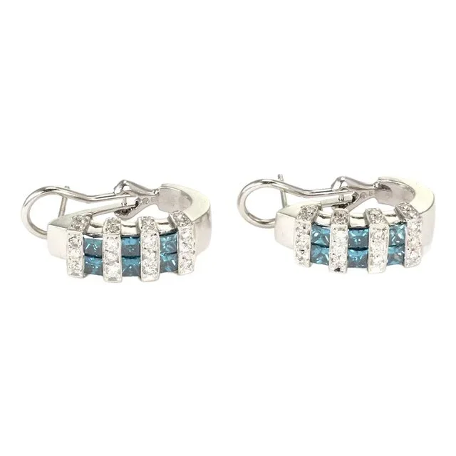 Gorgeous 3.30ct Blue & White Diamond 14k Gold Oval Hoop Earrings, 2 pieces