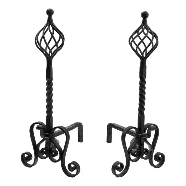 Gothic Revival Wrought Iron Andirons, Pair