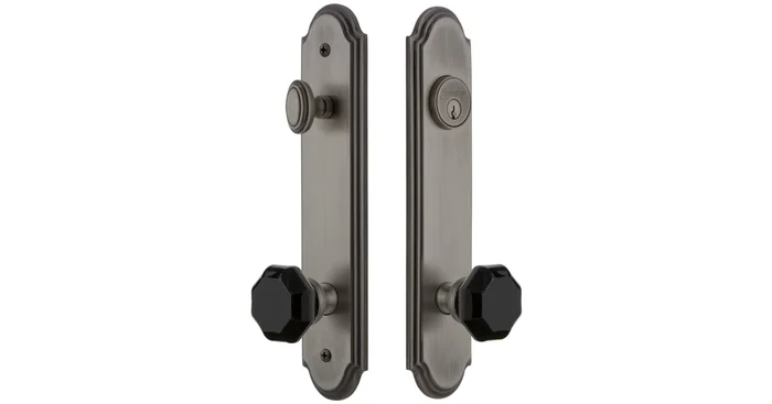 Grandeur Arc Solid Brass Rose Tall Plate Single Cylinder Keyed Entry Door Knob Set with Lyon Black Crystal Knob and 2-3/4″ Backset
