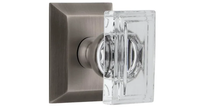Grandeur Carre Crystal Solid Brass Non-Turning One-Sided Dummy Door Knob with Fifth Avenue Square Trim from the Concealed Screw Collection