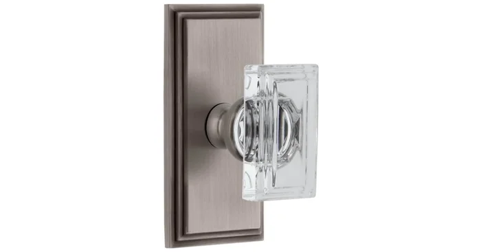 Grandeur Carre Crystal Solid Brass Passage Door Knob Set with Carre Short Trim from the Concealed Screw Collection – 2-3/4″ Backset