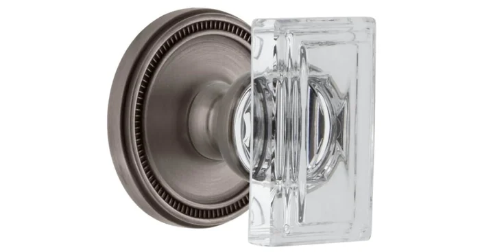 Grandeur Carre Crystal Solid Brass Passage Door Knob Set with Soleil Trim from the Concealed Screw Collection – 2-3/4″ Backset