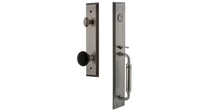 Grandeur Fifth Avenue Solid Brass Rose Keyed Entry Single Cylinder Full Plate ‘C’ Grip Handleset with Coventry Knob and 2-3/8″ Backset