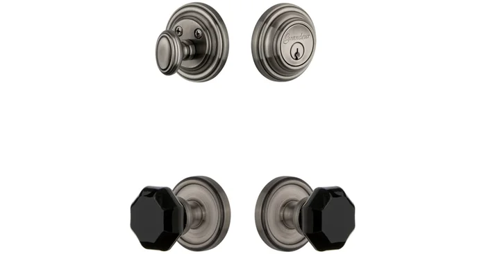 Grandeur Georgetown Solid Brass Rose Single Cylinder Keyed Entry Deadbolt and Knobset Combo Pack with Lyon Black Crystal Knob and 2-3/4″ Backset