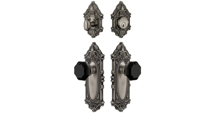 Grandeur Grande Victorian Solid Brass Rose Single Cylinder Keyed Entry Deadbolt and Knobset Combo Pack with Lyon Black Crystal Knob and 2-3/8″ Backset