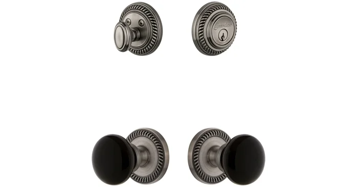 Grandeur Newport Solid Brass Rose Single Cylinder Keyed Entry Deadbolt and Knobset Combo Pack with Coventry Knob and 2-3/8″ Backset