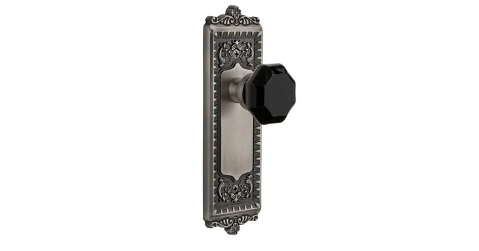 Grandeur Windsor Solid Brass Rose Privacy Door Knob Set with Lyon Black Crystal Knob and 2-3/4″ Backset