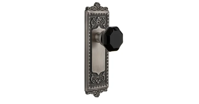 Grandeur Windsor Solid Brass Rose Privacy Door Knob Set with Lyon Black Crystal Knob and 2-3/8″ Backset