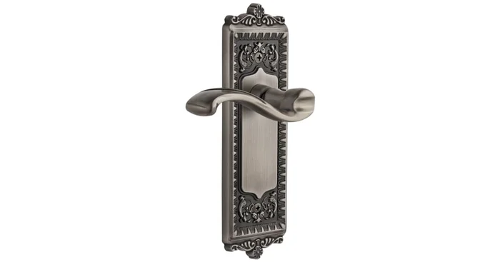 Grandeur Windsor Solid Brass Rose Right Handed Privacy Door Lever Set with Portofino Lever and 2-3/8″ Backset