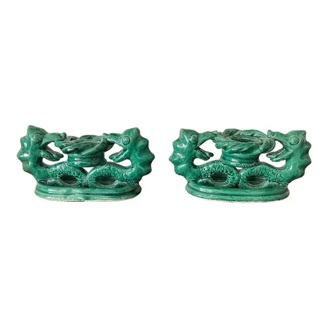 Green Glazed Dragon Candle Holders
