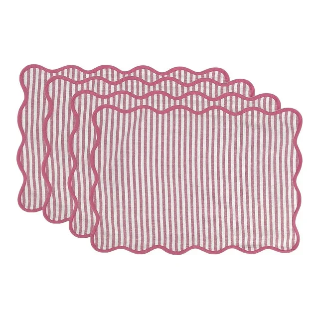 Handmade Scalloped Rectangular Placemats, Pink and White Striped with Pink Piping – Set of 4