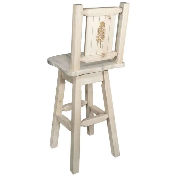 Homestead Collection Counter Height Barstool w/ Back & Swivel w/ Laser Engraved Pine Tree Design, Clear Lacquer Finish