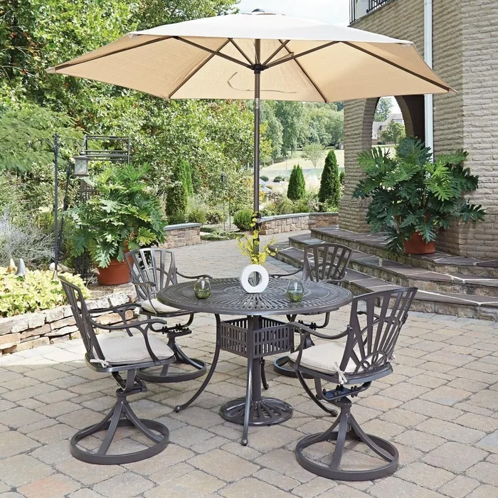 Homestyles Furniture – Grenada Taupe 6 Piece Outdoor Dining Set with Umbrella and Cushions – 6661-3256C