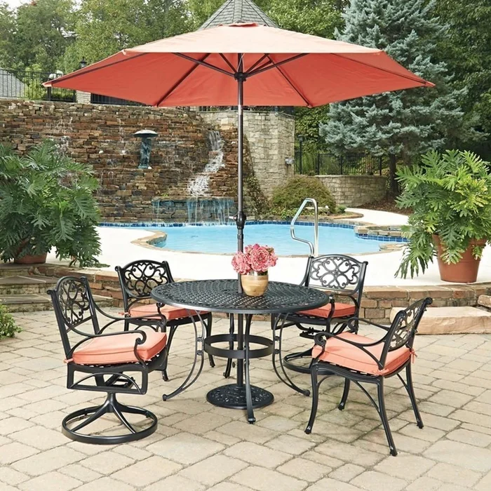 Homestyles Furniture – Sanibel Black 6 Piece Outdoor Dining Set with Umbrella and Cushions – 6654-32856C