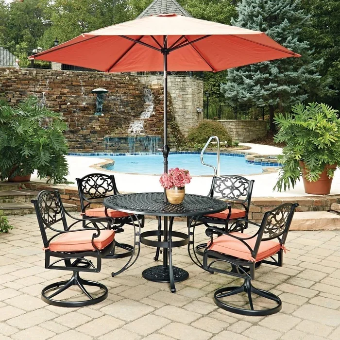 Homestyles Furniture – Sanibel Black 6 Piece Outdoor Dining Set with Umbrella and Cushions – 6654-3256C