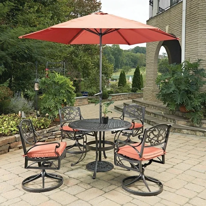 Homestyles Furniture – Sanibel Brown 6 Piece Outdoor Dining Set with Umbrella and Cushions – 6655-3056C