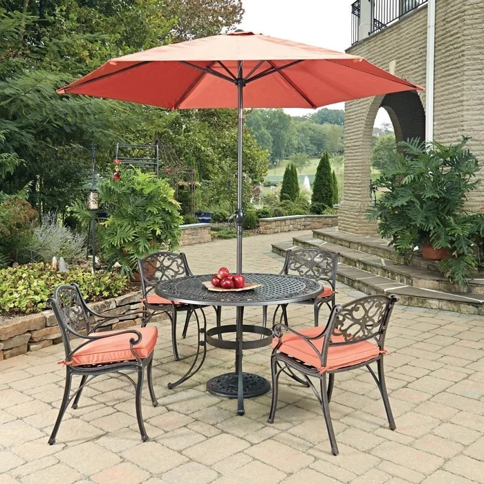 Homestyles Furniture – Sanibel Brown 6 Piece Outdoor Dining Set with Umbrella and Cushions – 6655-3286C