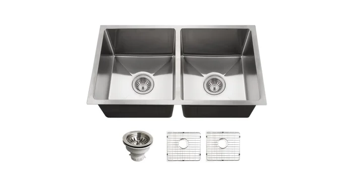 Houzer Nouvelle 31″ Undermount Double Basin Stainless Steel Kitchen Sink with Basin Rack and Basket Strainer