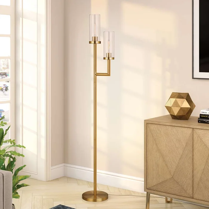 Hudson & Canal – Basso 2-Light Torchiere Floor Lamp with Glass Shade in Brass/Clear – FL0354
