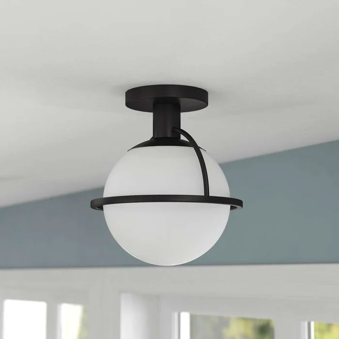 Hudson & Canal – Cieonna 9.25in Wide Semi Flush Mount with Glass Shade in Blackened Bronze/White – SF1774