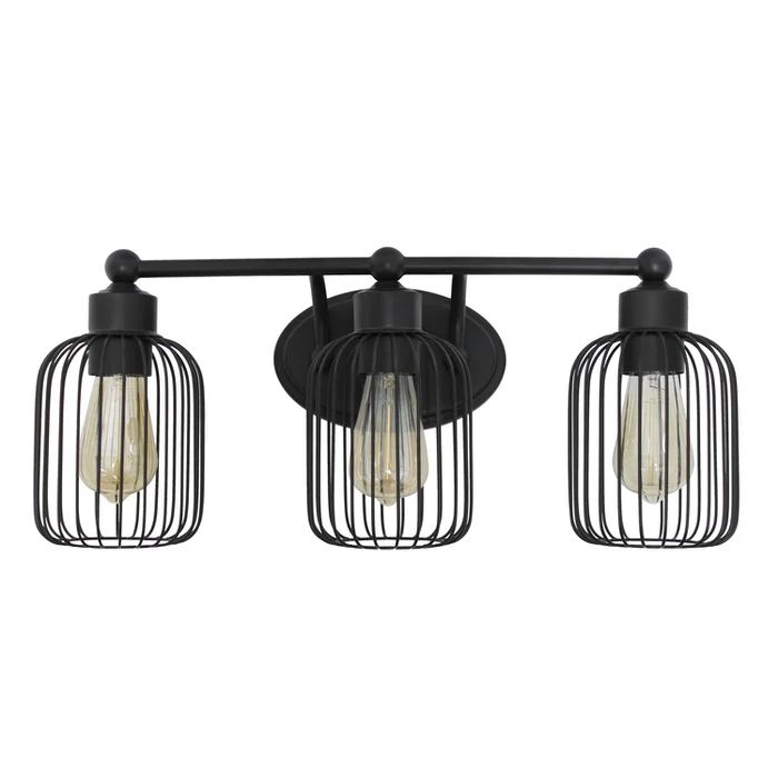Industrial Metal Vanity Light Fixtures Black Oval Backplate 3-Light Birdcage Style