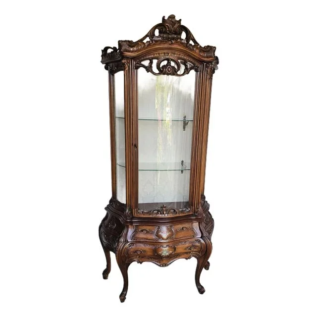 Italian Rococo Style, Vitrine Cabinet, Walnut Curio Cabinet in Two Parts