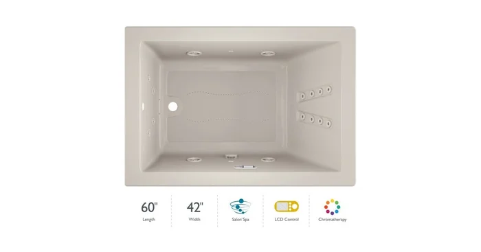 Jacuzzi 60″ x 42″ Solna™ Drop-In/Undermount Luxury Salon® Spa Bathtub with Luxury LCD Controls, Chromatherapy, Heater and Right Drain