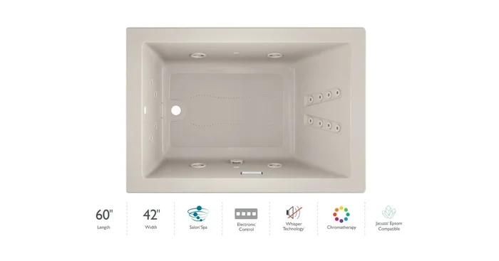 Jacuzzi 60″ x 42″ Solna™ Drop-In/Undermount Luxury Salon® Spa Bathtub with Luxury Controls, Chromatherapy, Whisper Technology™, Heater and Right Drain