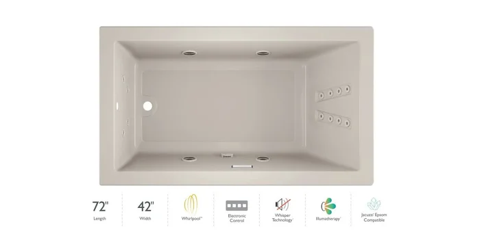 Jacuzzi 72″ x 42″ Solna™ Drop-In/Undermount Luxury Whirlpool Bathtub with Luxury Controls, Illumatherapy, Whisper Technology™, Heater and Left Drain