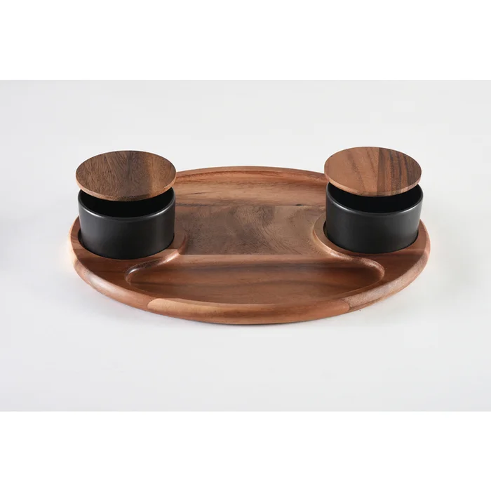 Kalmar Home Charcuterie/ Serving Tray w/ 2 black ceramic bowls w/ lids
