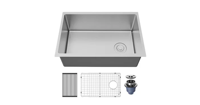 Karran USA Fusion 27″ Undermount Single Basin Stainless Steel Kitchen Sink with Basin Rack and Basket Strainer
