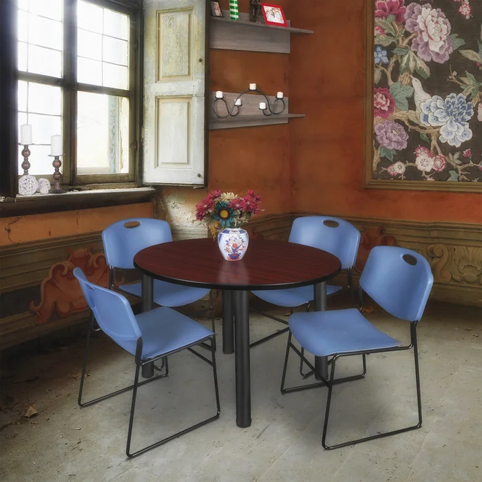 Kee 48″ Round Breakroom Table- Mahogany/ Black & 4 Zeng Stack Chairs- Blue