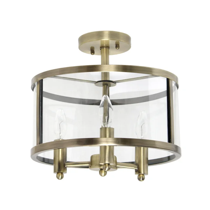 Lalia Home 3-Light 13″ Industrial Farmhouse Glass and Metallic Accented Semi-flushmount, Antique Brass