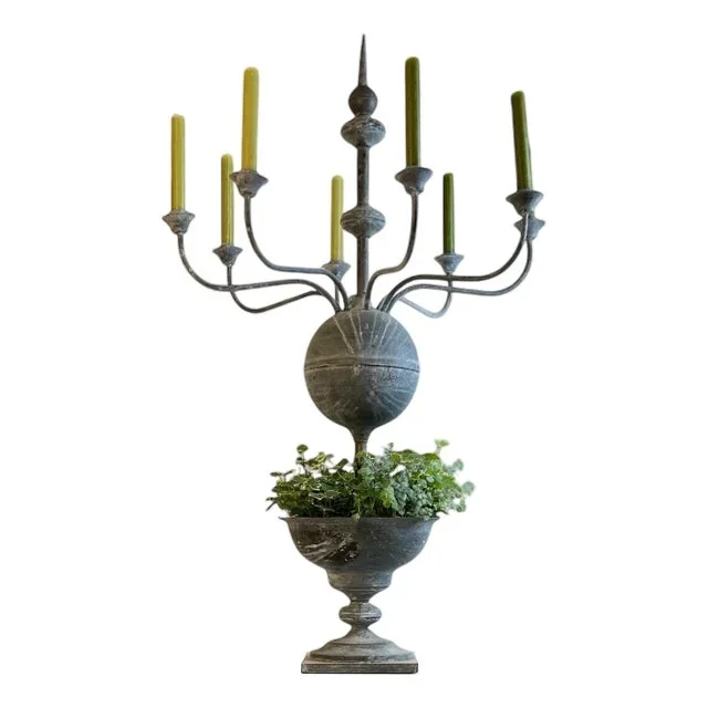 Large Vintage Belgian Zinc Candelabra Planter