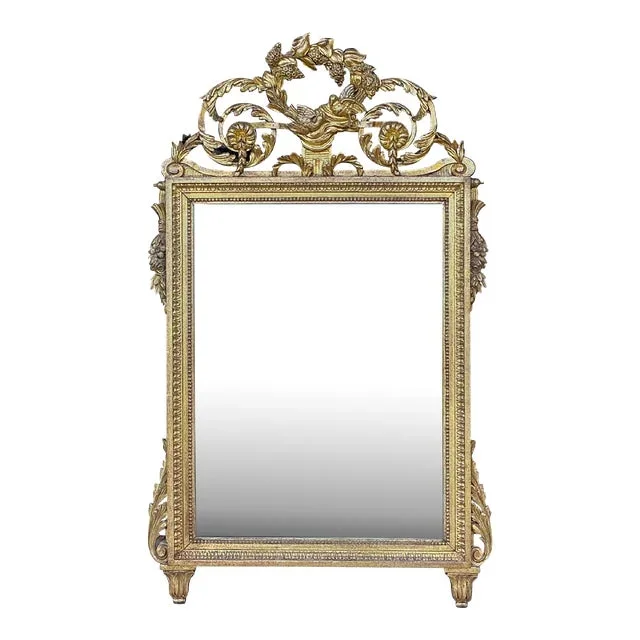 Late 19th-C. French Louis XIV Style Carved Giltwood Mirror With Birds