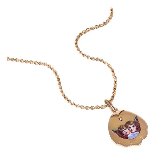 Late 19th Century Victorian Enameled Angel Faces With Wings Pendant Necklace 14k/18k Rose Gold