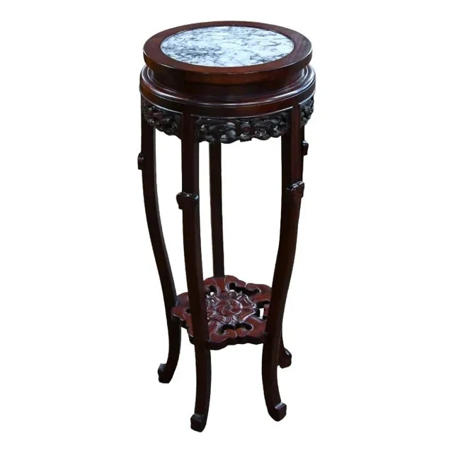 Late 20th Century Chinese Dark Rosewood Carved Marble Top Stand