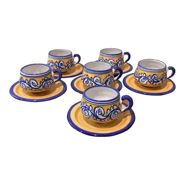 Late 20th Century Del La Cal Family Fiesta Handmade Yellow & Cobalt Blue Ceramic Coffee/Tea Cups & Saucers Set, Spain- 12 Pieces