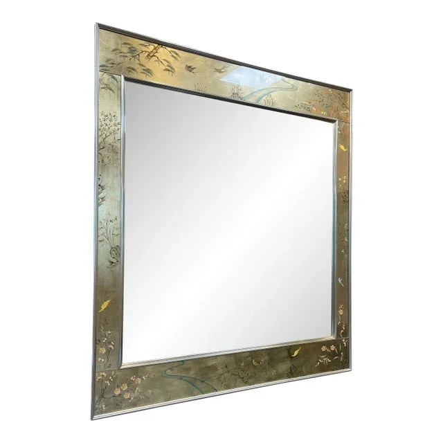Late 20th Century LaBarge Signed Reverse Painted Chinoiserie Mirror With Gold Leaf Frame