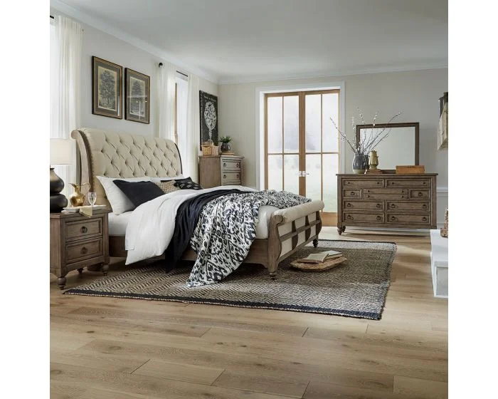 Liberty Furniture Americana Farmhouse Sleigh Bedroom Set in Dusty Taupe and Black