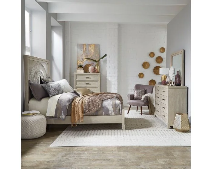 Liberty Furniture Belmar Bedroom Set in Washed Taupe and Silver Champagne