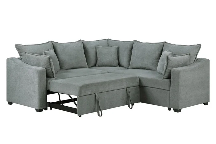 Lilola Home – Allen 92inW Gray Woven Fabric Sleeper Sectional Sofa with Throw Pillows – 81452