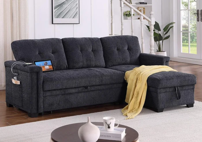 Lilola Home – Ashlyn 83.5inW Dark Gray Chenille Reversible Sleeper Sectional Sofa with Storage Chaise, Charging Ports, Side Pockets in Dark Gray – 81383