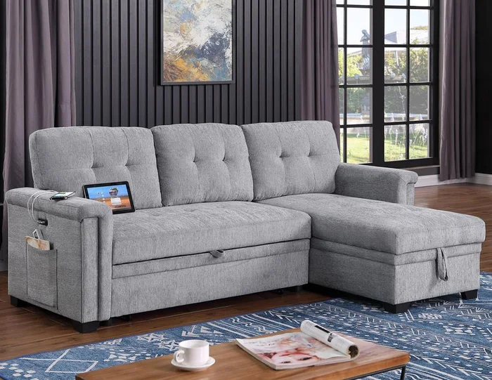 Lilola Home – Ashlyn 83.5inW Light Gray Chenille Reversible Sleeper Sectional Sofa with Storage Chaise, Charging Ports, Side Pockets in Light Gray – 81385